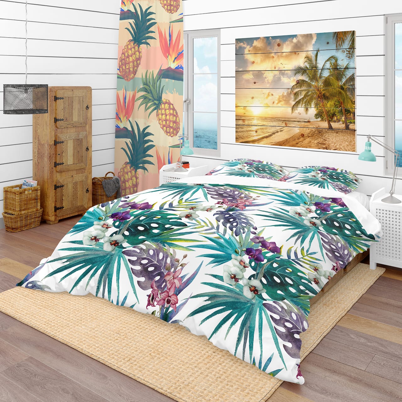 Designart 'Pattern Orchid Hibiscus Leaves Watercolor Tropics' Tropical Bedding Set - Duvet Cover & Shams